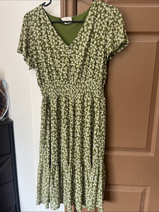 Ember Dresses & Skirts - Smocked V-Neck Olive Green Floral Midi Dress